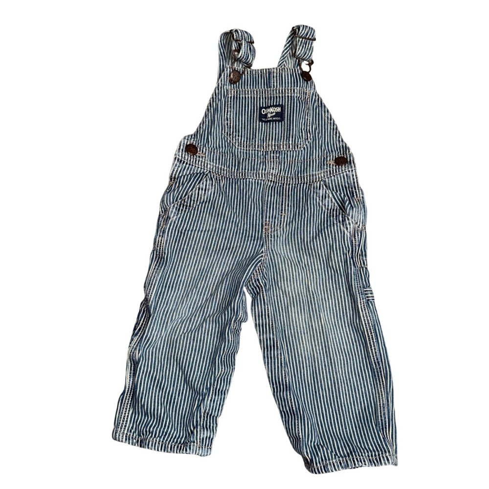 OshKosh B'gosh Overalls Kids 12M Blue White Hickory Stripe Good Railroad Bibs